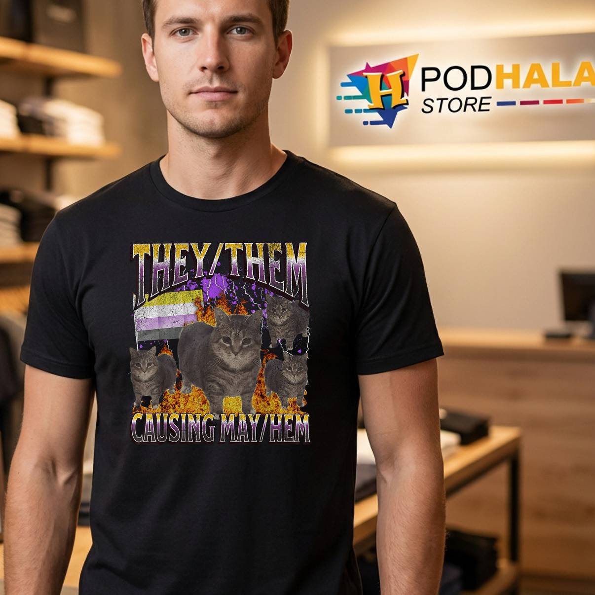 They Them Causing Mayhem Meme Shirt Funny LGBTQ Cat Bootleg For Mens
