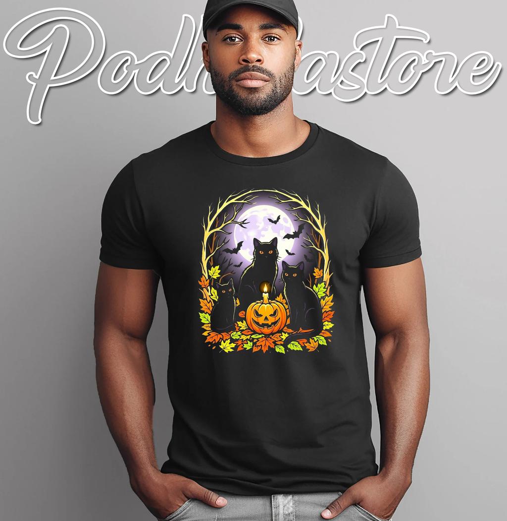 Three Black Cats Pumpkin Costume Vintage T-Shirt Halloween Lover Top
