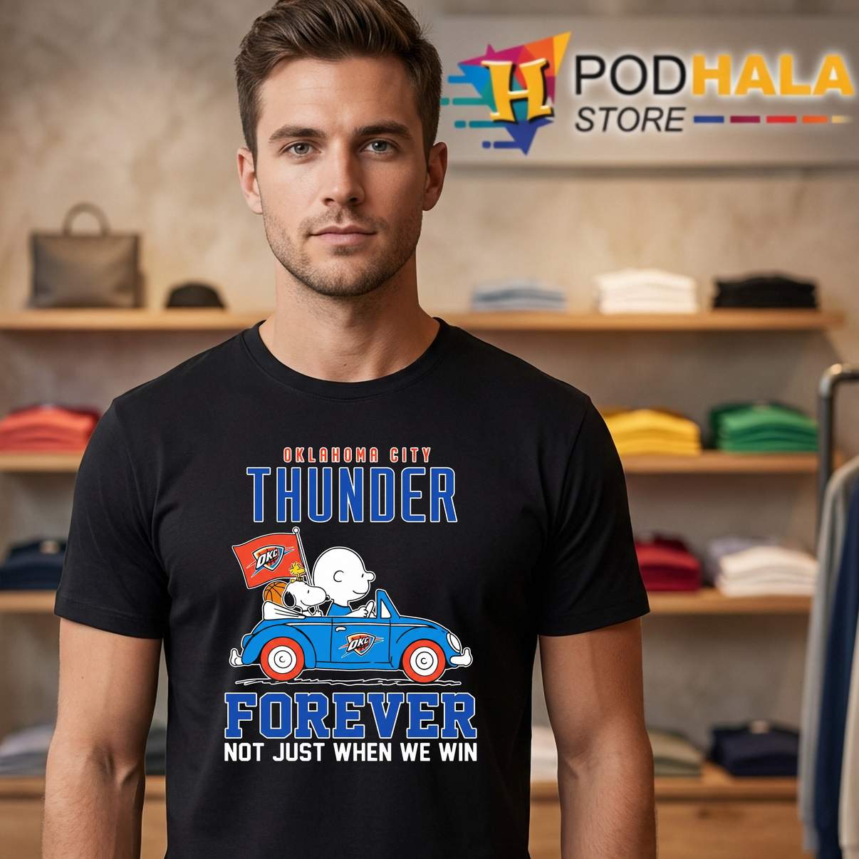 Thunder Forever Snoopy Driving Car T-Shirt Charlie Brown Fan Graphic Mens Thunder Forever Snoopy Driving Car T-Shirt Charlie Brown Fan Graphic Mens