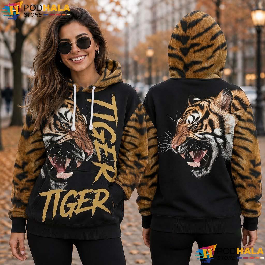 Tiger Animal Print All Over Print Hoodie Roaring Big Cat Wildlife Lover Gift Top Tiger Animal Print All Over Print Hoodie Roaring Big Cat Wildlife Lover Gift Top