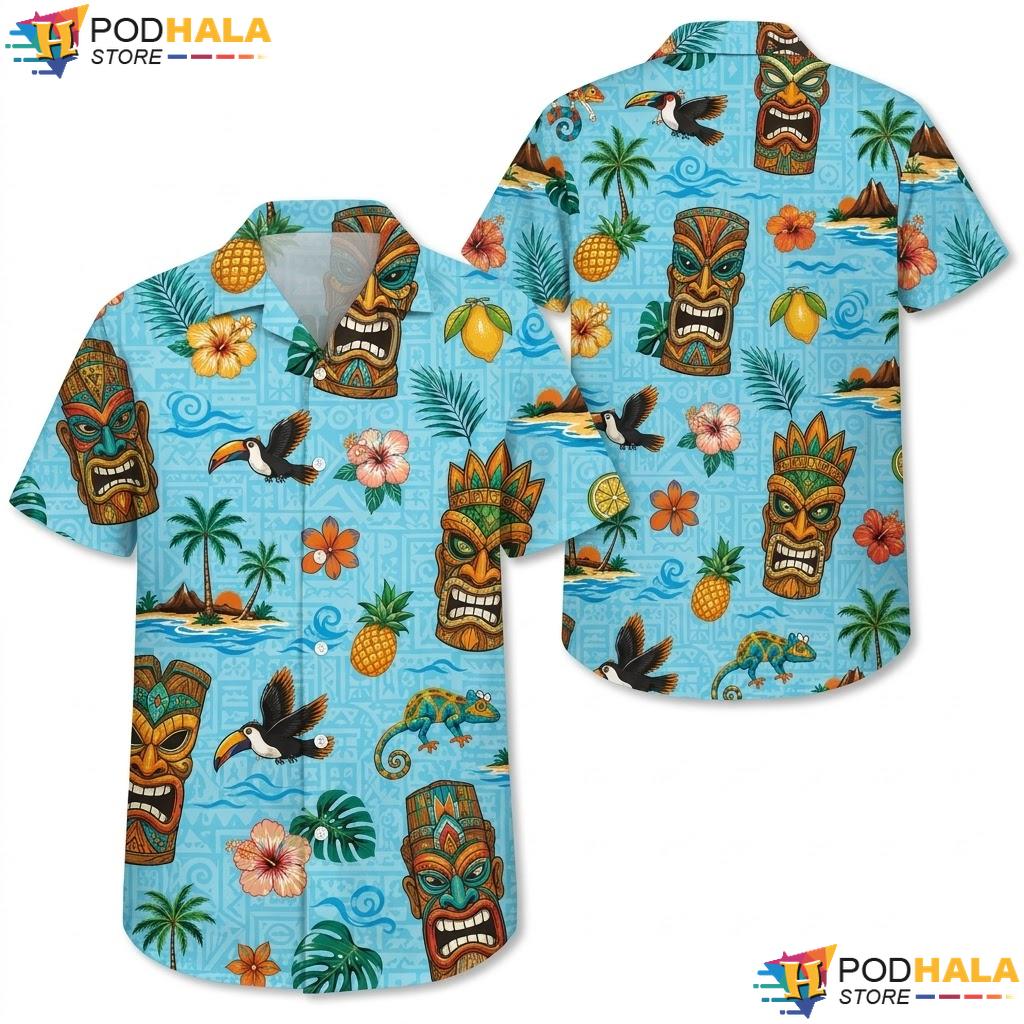 Tiki Pattern Toucan Hawaiian Shirt Colorful Tropical Mens Summer Top