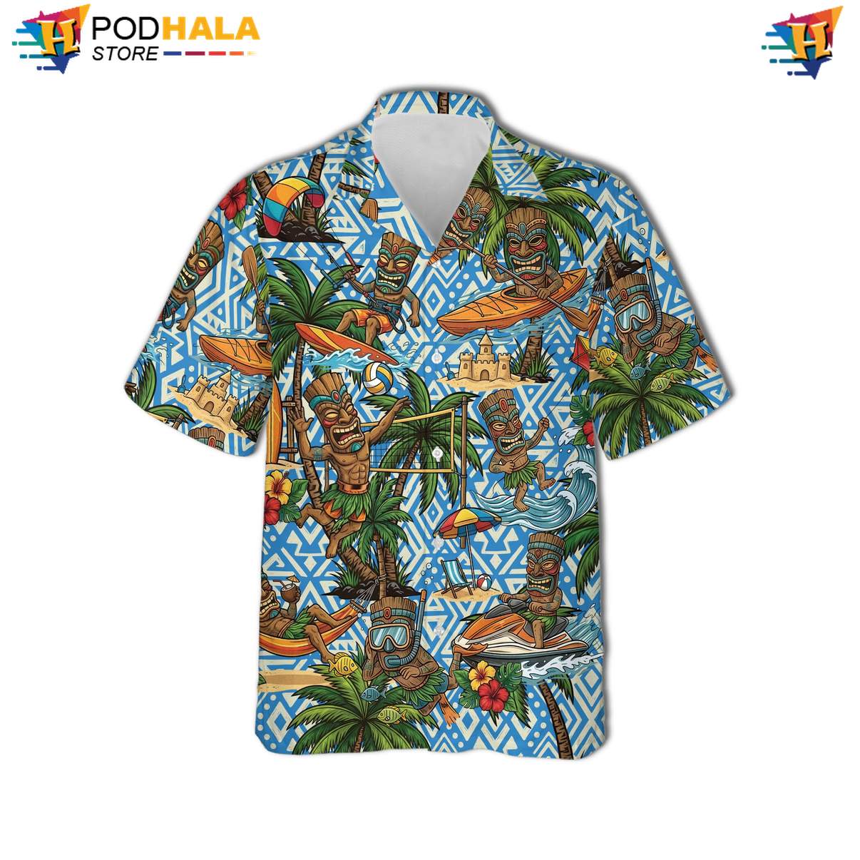 Tiki Tribal Aloha Shirt Mens Casual Beach Button Down Summer Festival Top