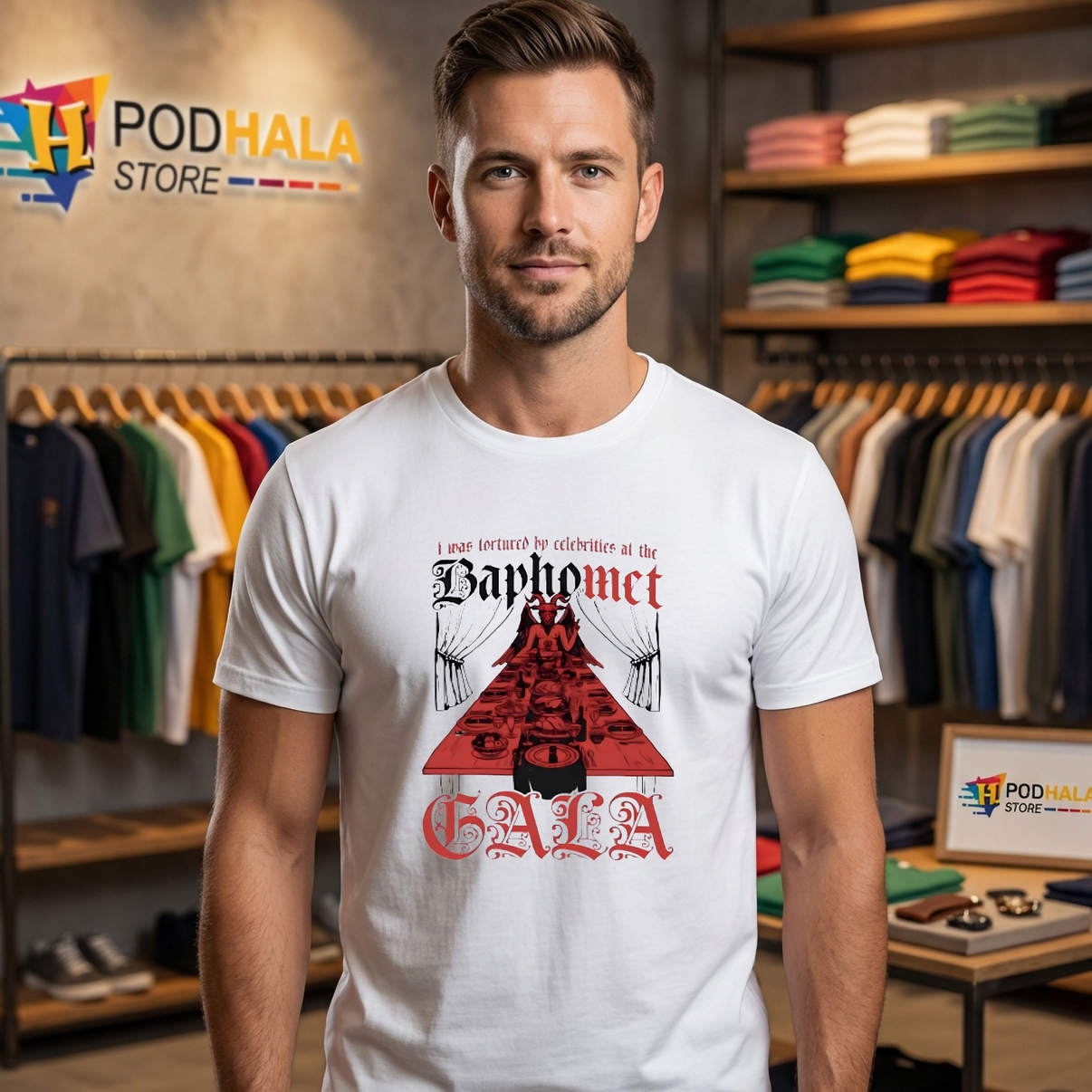 Tortured By Celebrities Gala Shirt At The Baphomet Funny Meme Graphic Mens