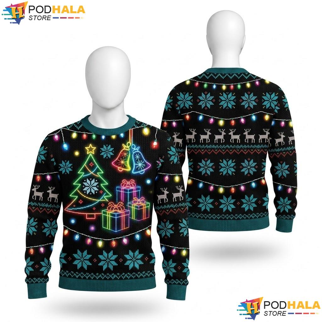 Tree Presents Colorful Bells Ugly Sweater Festive Reindeer Holiday Top