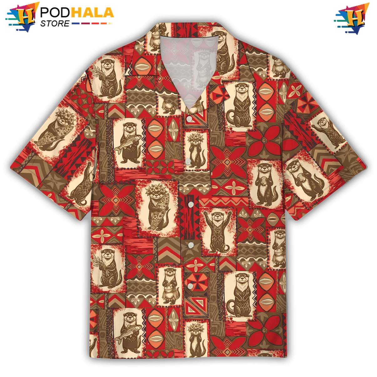 Tribal Otter Hawaiian Shirt Mens Casual Beach Button Down Tropical Top