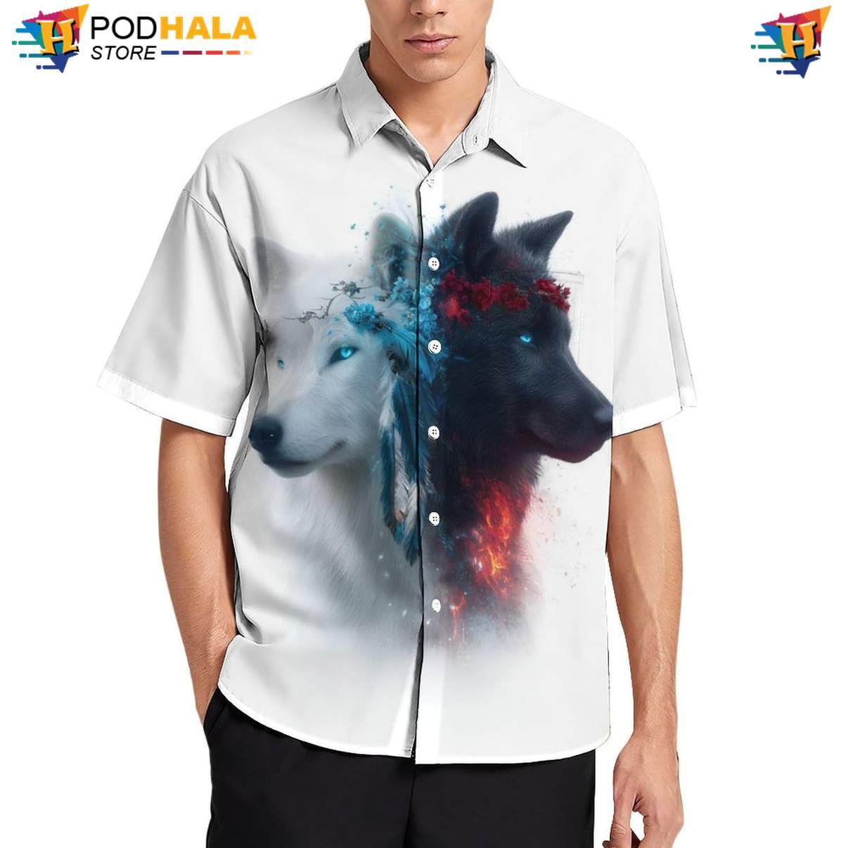 Tribal Wolf Aloha Shirt Mens Cool Print Casual Graphic Tropical Beachwear Top