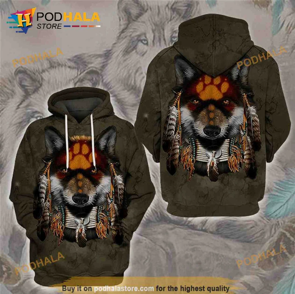 Tribal Wolf Face 3d Hoodie With Detailed Native American Design
