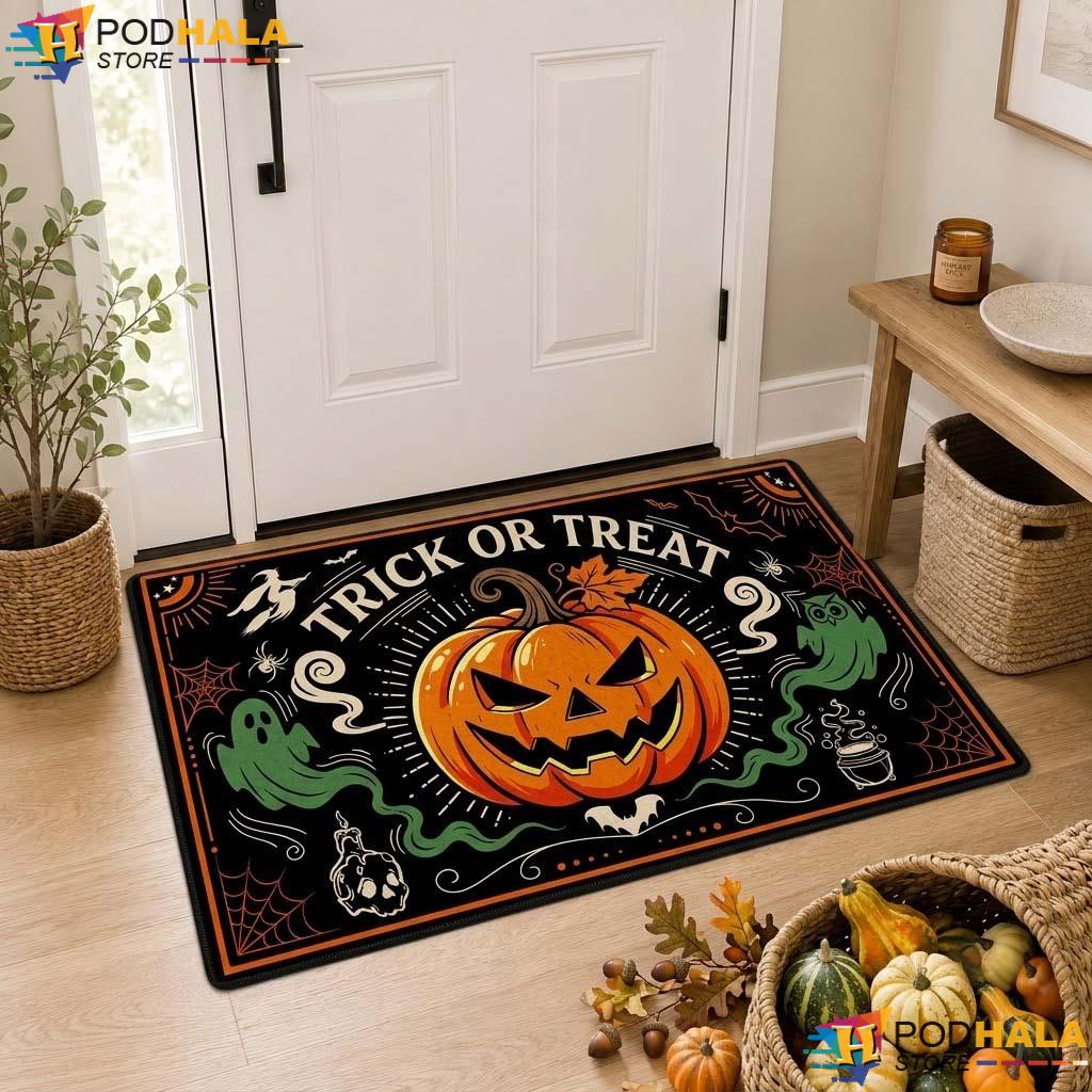 Trick Or Treat Pumpkin Doormat Classic Spooky Ghost Cauldron Entrance Rug