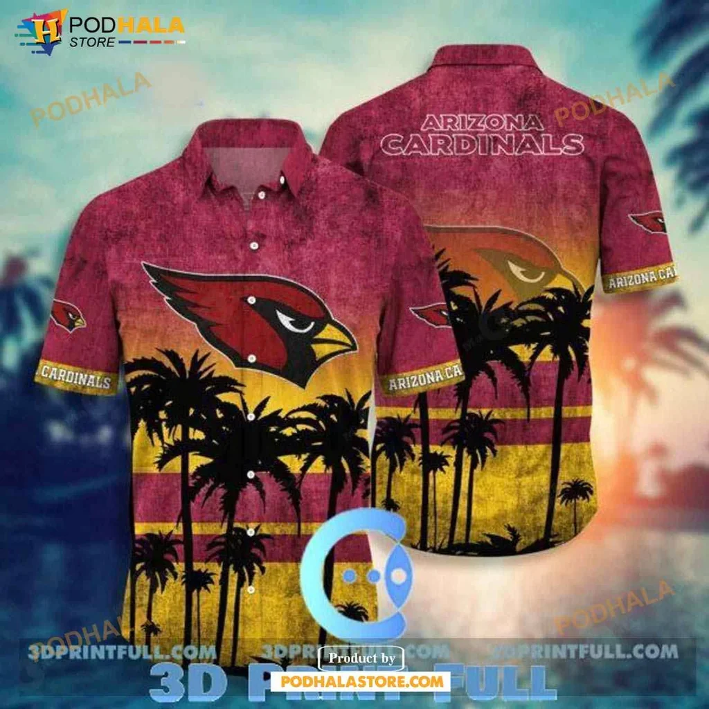 Tropical Arizona Cardinals Aloha Shirt With Sunset Gradient And Palm Trees
