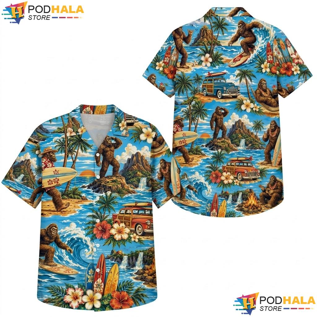 Tropical Beach Bigfoot Hawaiian Shirt Whimsical Surfing Mens Apparel