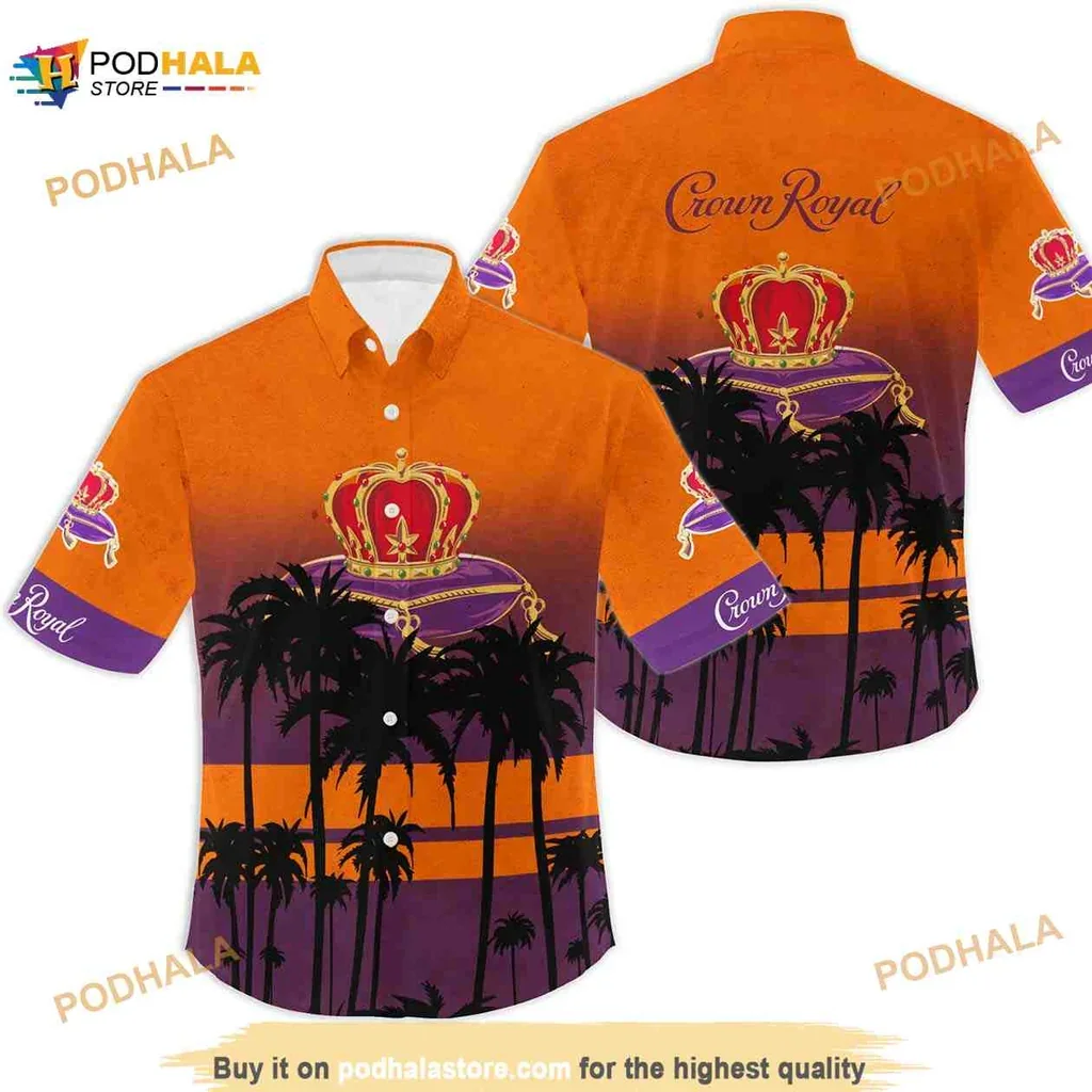 Tropical Crown Royal Hawaiian Shirt Featuring Sunset And Palm Tree Design