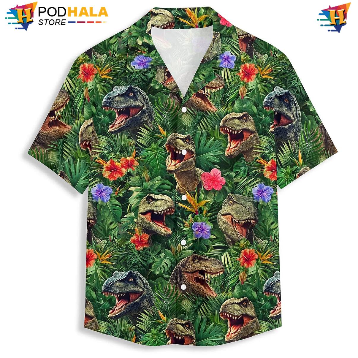 Tropical Dinosaur Hawaiian Shirt Mens Novelty Luau Party Button Up Apparel