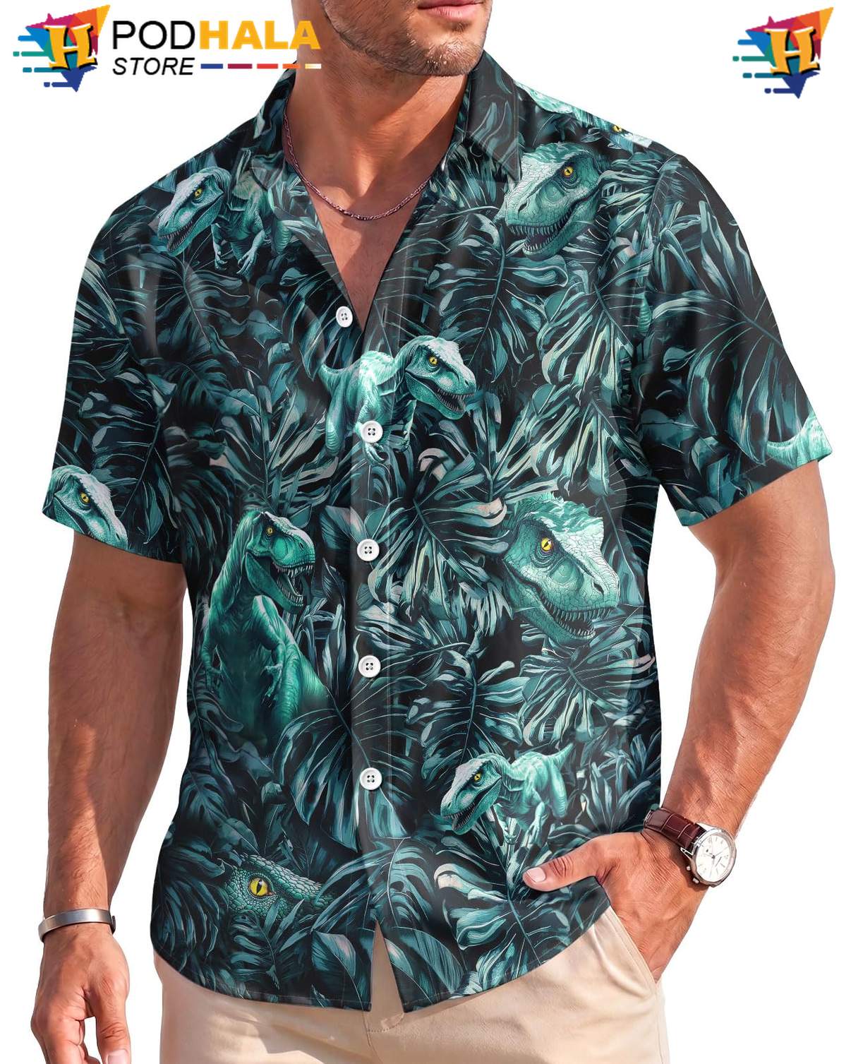 Tropical Dinosaur Hawaiian Shirt Mens Stretch Lightweight Beach Resort Wear