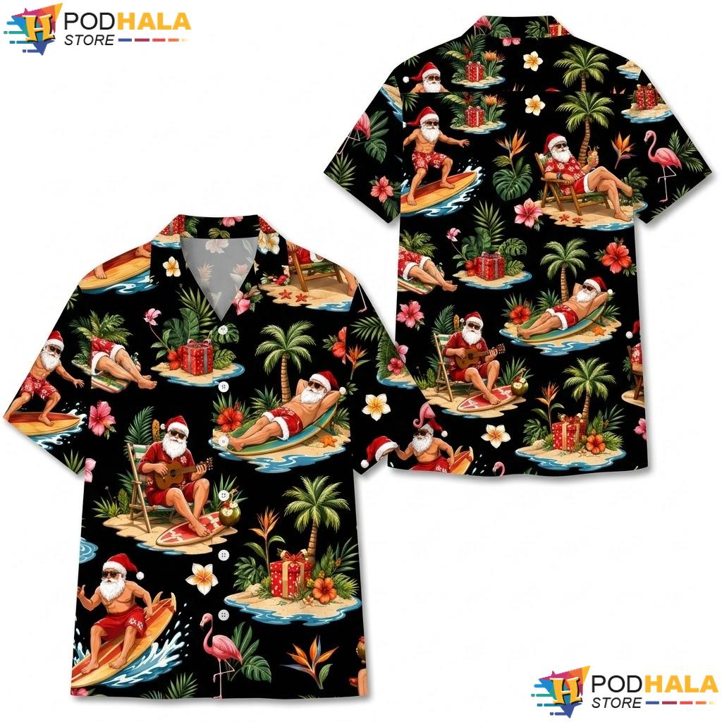 Tropical Flamingo Santa Hawaiian Shirt Black Palm Tree Holiday Apparel
