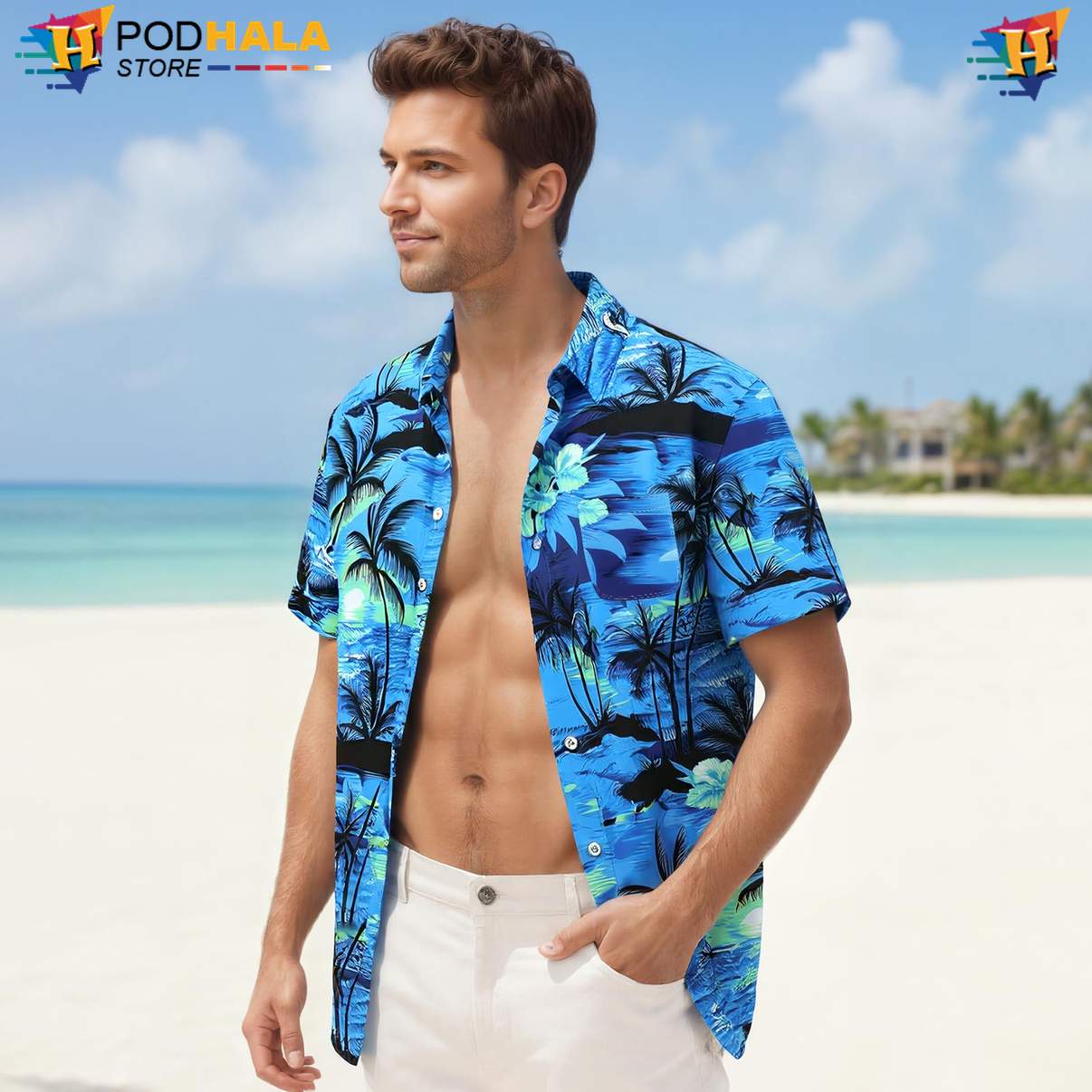 Tropical Floral Palm Short-sleeve button-up shirt Mens Lightweight Summer Beachwear Top Tropical Floral Palm Short-sleeve button-up shirt Mens Lightweight Summer Beachwear Top