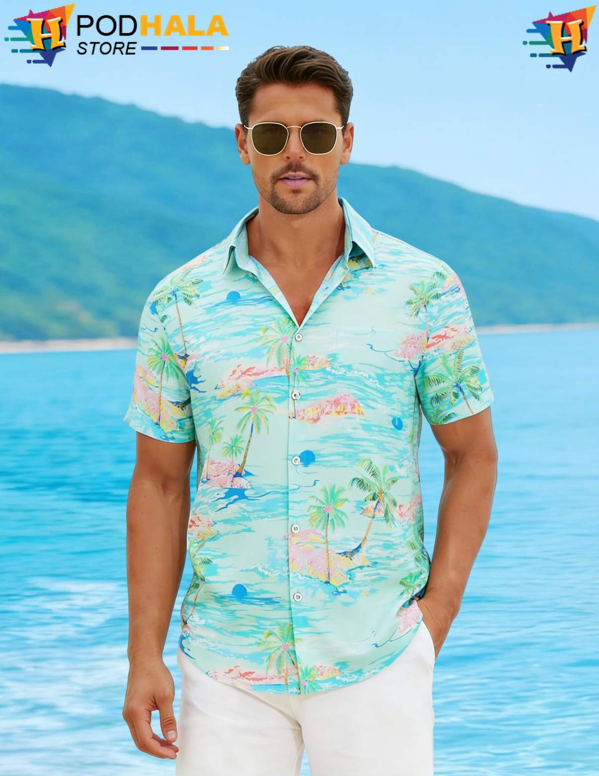 Tropical Green Hawaiian Shirt Mens Short Sleeve Casual Summer Beach Outfit