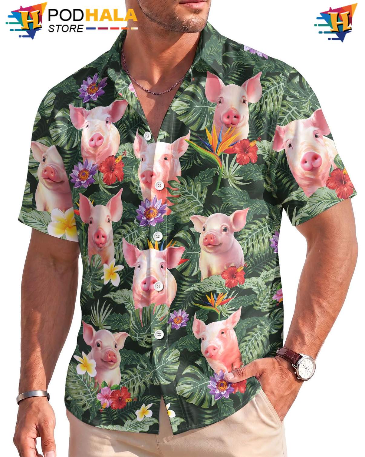 Tropical Island Pig Hawaiian Shirt Mens Stretch Beach Resort Wear Clothing