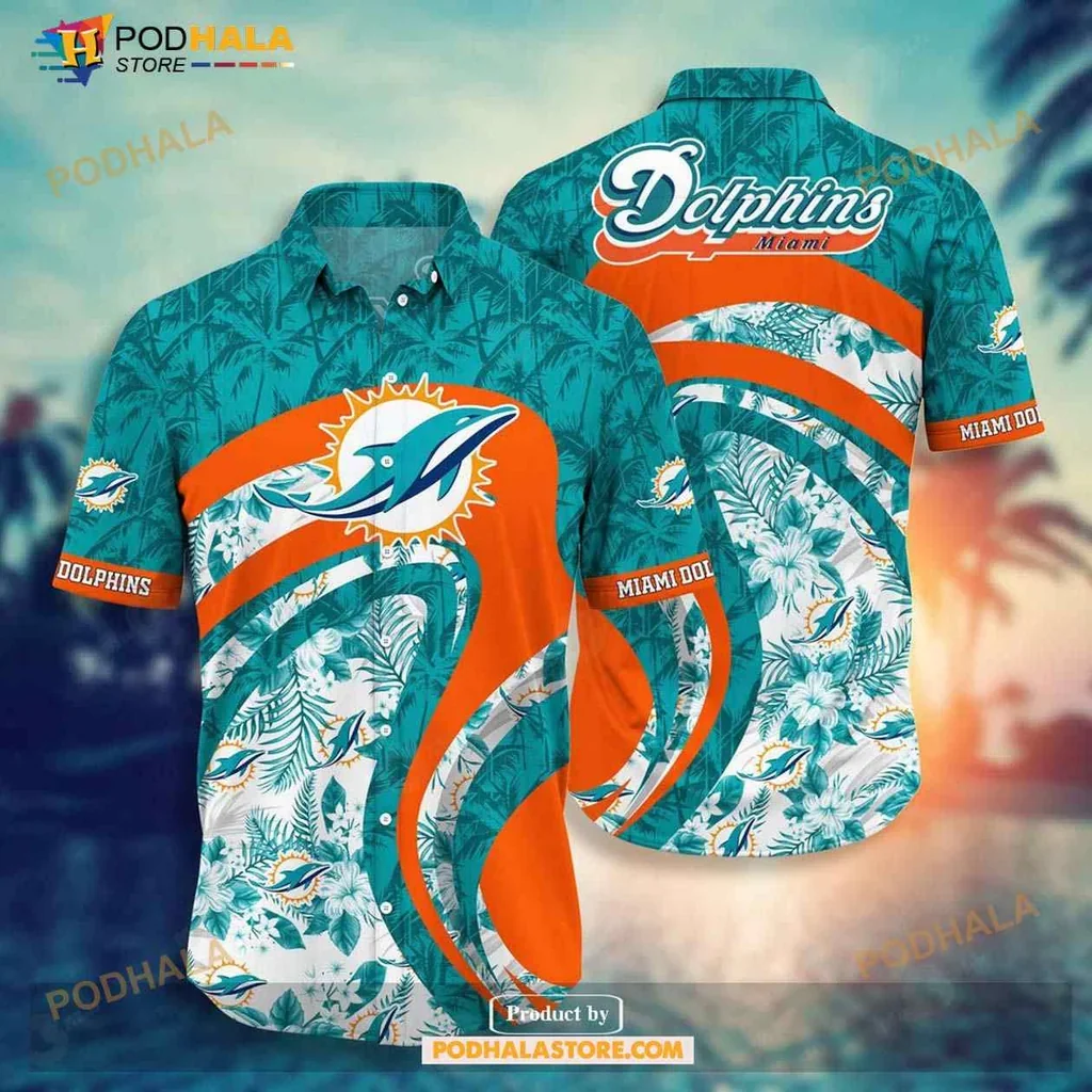 Tropical Miami Dolphins Aloha Shirt With Vibrant Teal And Orange Design