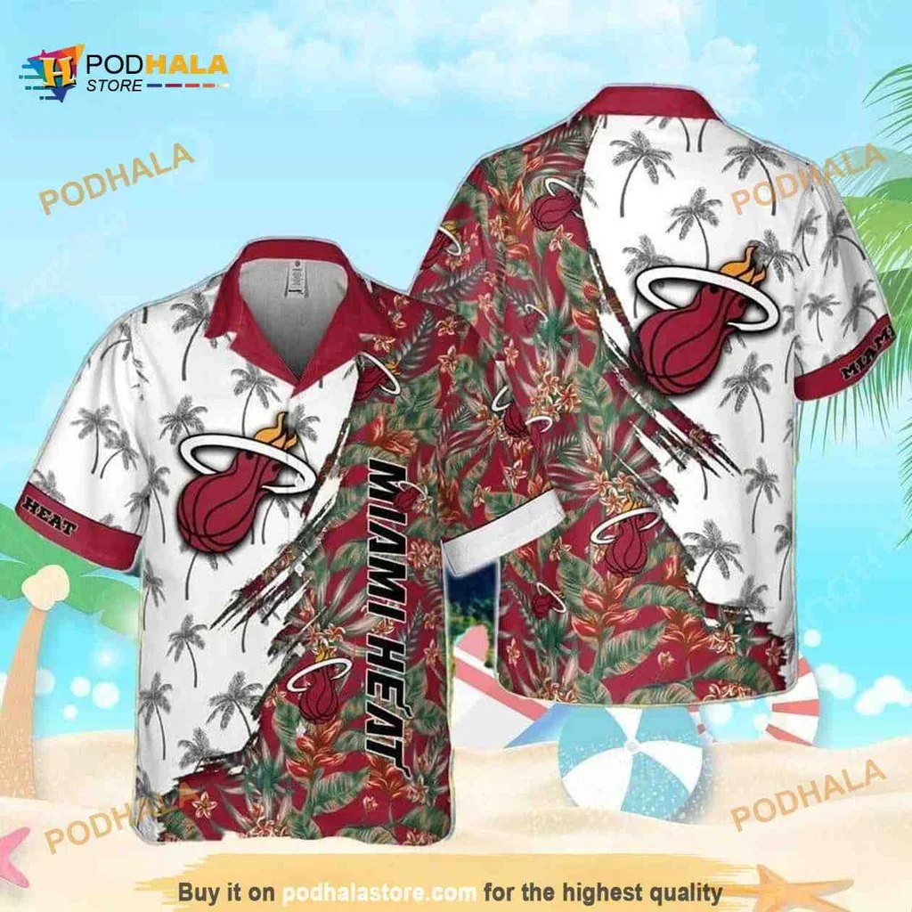 Tropical Miami Heat Hawaiian Shirt Featuring Bold Team Logo And Design