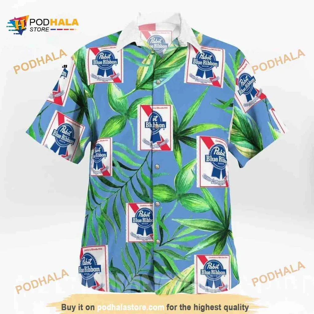 Tropical Pabst Blue Ribbon Hawaiian Shirt With Vibrant Palm Leaves Design