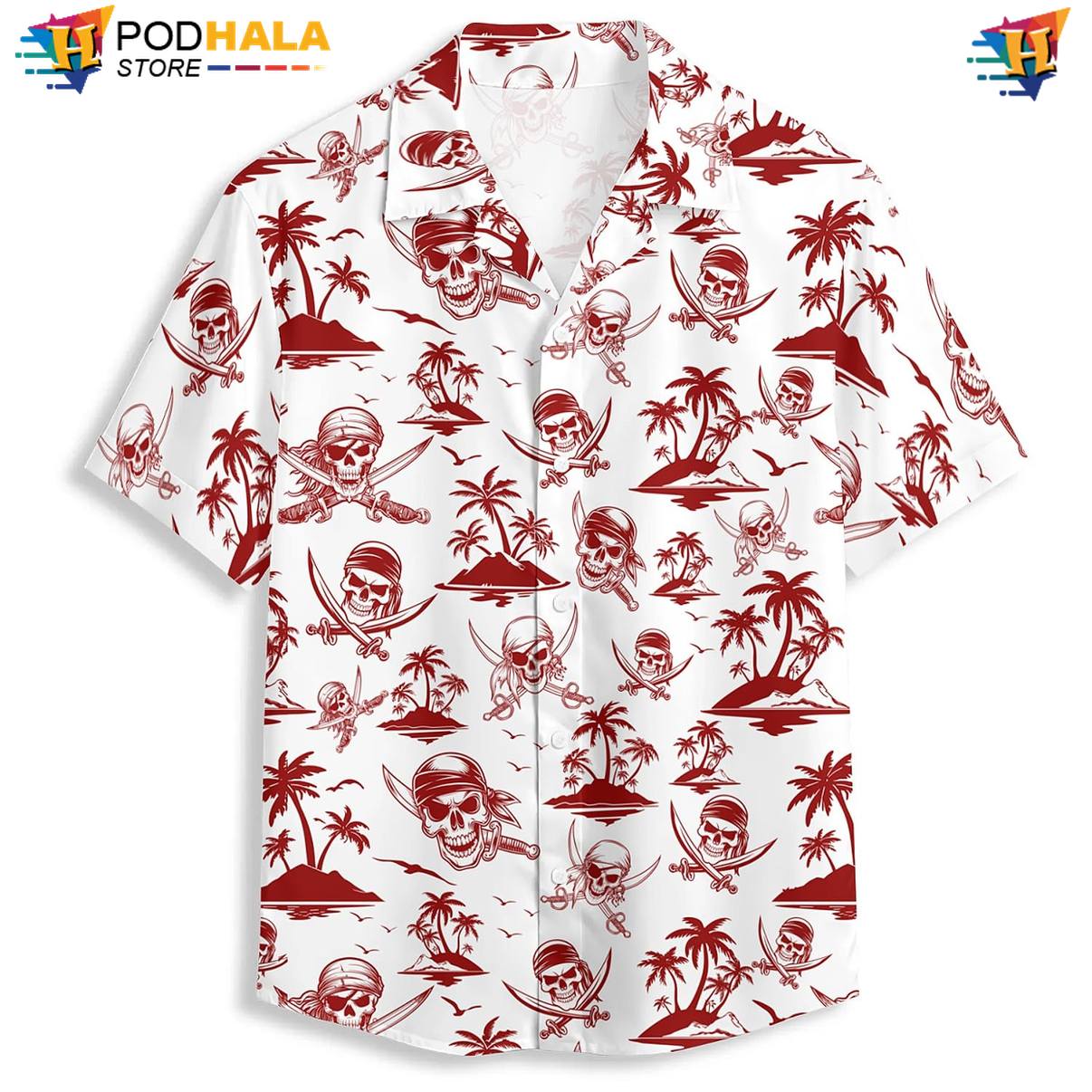 Tropical Pirate Skull Aloha Shirt Mens Luau Party Beach Festival Apparel