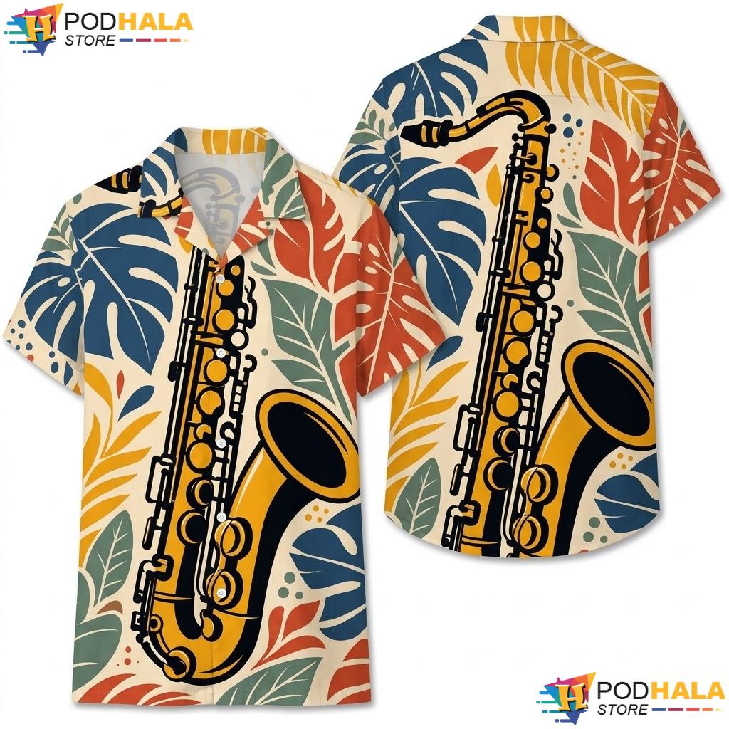 Tropical Saxophone Hawaiian Shirt Vibrant Mens Casual Party Apparel