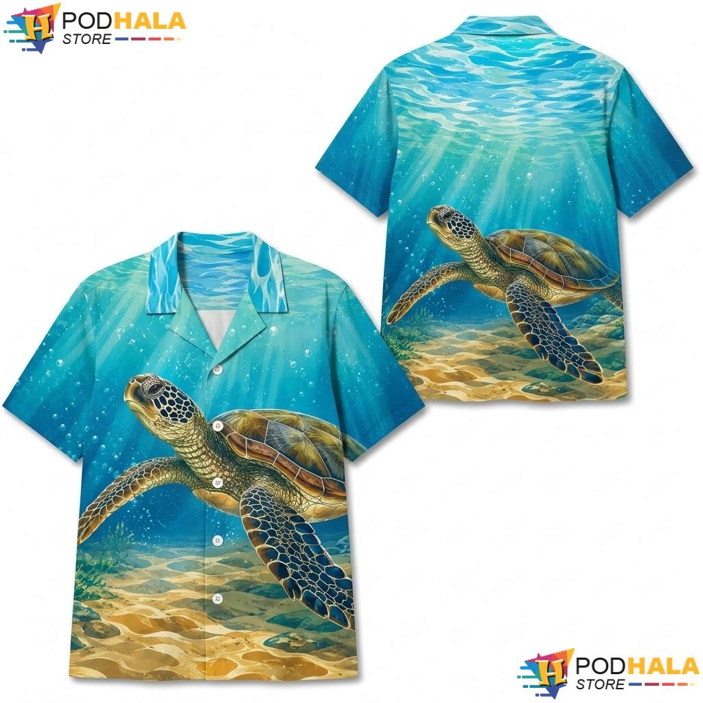 Tropical Sea Turtle Aloha Shirt Vibrant Blue Marine Life Summer Apparel