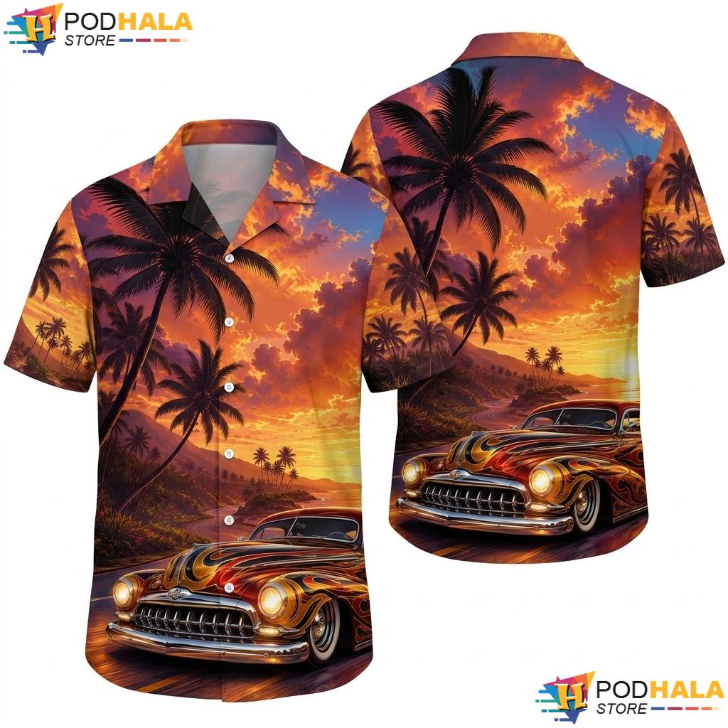 Tropical Sunset Classic Car Aloha Shirt Retro Graphic Mens Casual Top