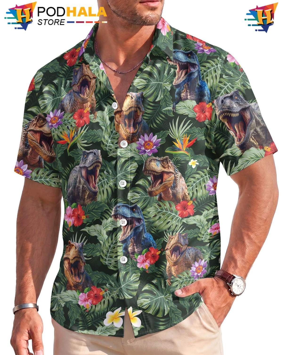 Tropical TRex Aloha Shirt Mens Novelty Button Down Lightweight Beachwear Top