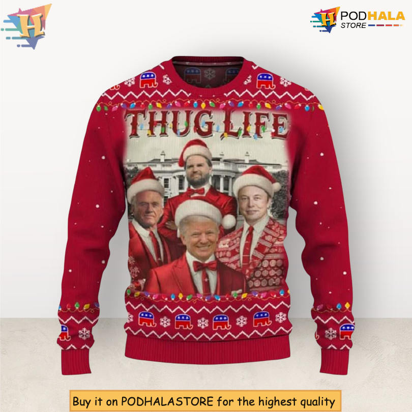 Trump JD Vance Kennedy Musk Thug Life Quote Festive Holiday Christmas Sweater Trump JD Vance Kennedy Musk Thug Life Quote Festive Holiday Christmas Sweater