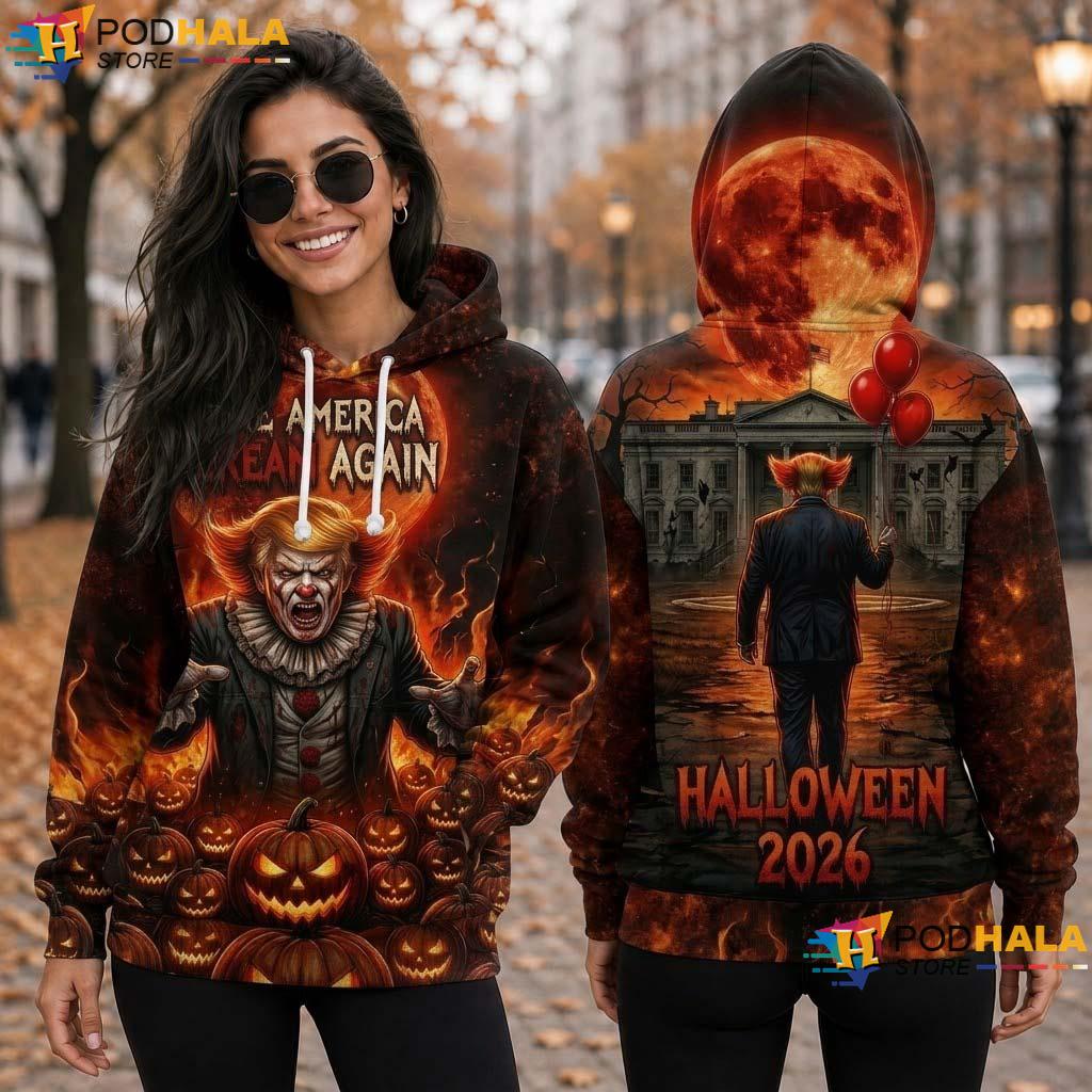 Trump Scream Halloween All Over Print Hoodie Funny Clown Horror Pumpkin Graphic Top Trump Scream Halloween All Over Print Hoodie Funny Clown Horror Pumpkin Graphic Top