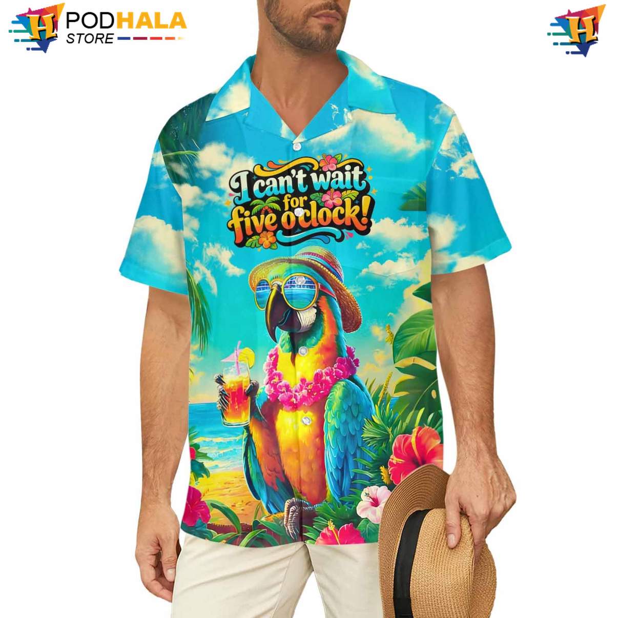 Turquoise Parrot Aloha Shirt Mens Funny Summer Beach Party Cruise Gear