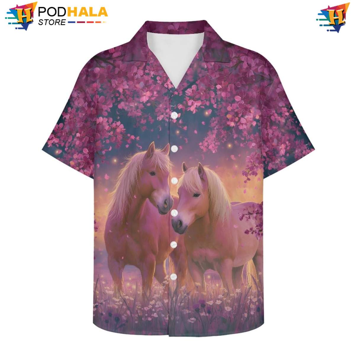 Twilight Cherry Horse Hawaiian Shirt Mens Moon Print Casual Vacation Outfit