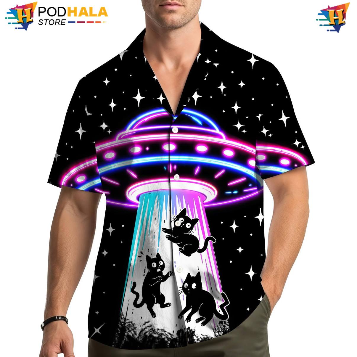 Ufo Cat Fire Hawaiian Shirt Mens Graphic Luau Party Vacation Apparel Clothing