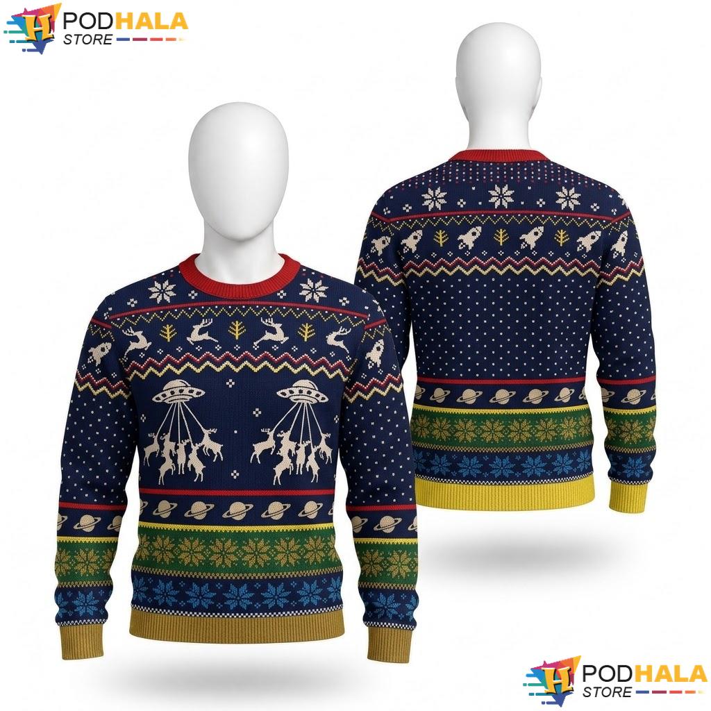 UFO Reindeer Ugly Christmas Sweater Whimsical Funny Navy Apparel Mens