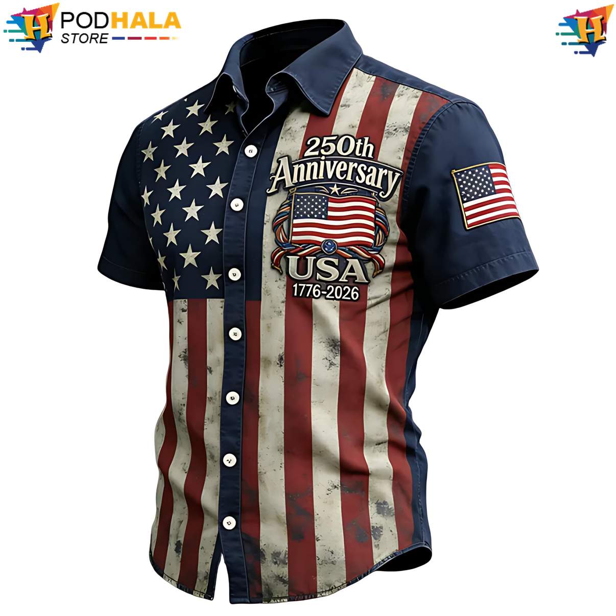 US 250th Celebration Aloha Shirt American Flag 1776 Patriotic Mens Outfit