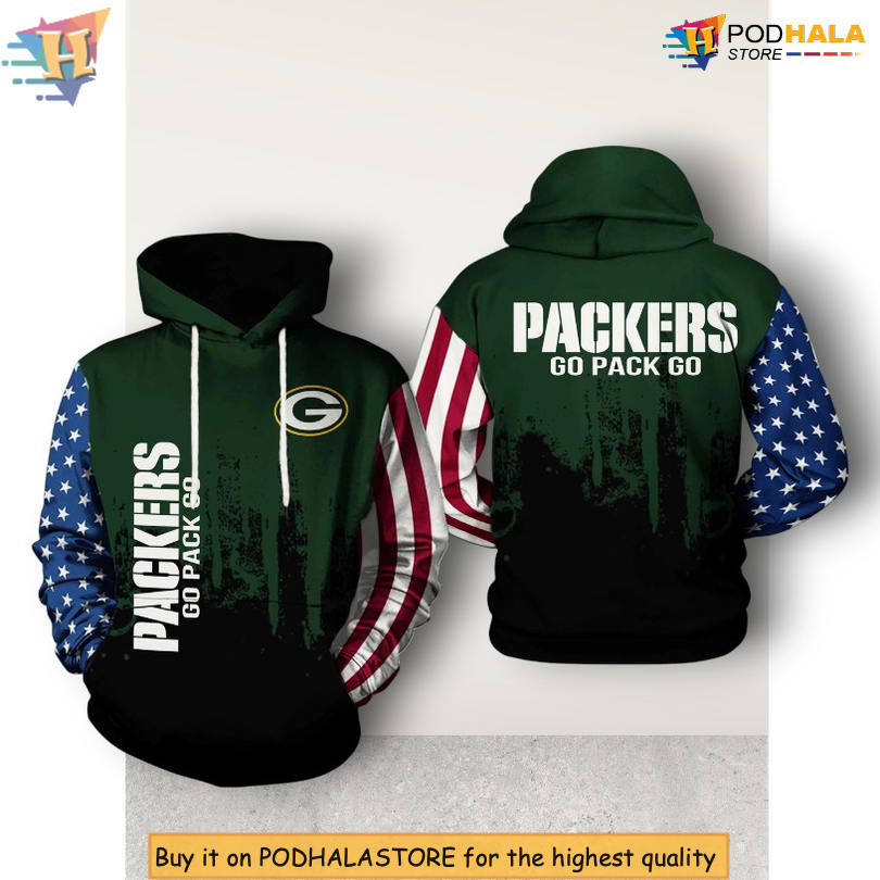 US Flag Theme Green Bay Packers Mens Hoodie 3D Zip Up All Over Print