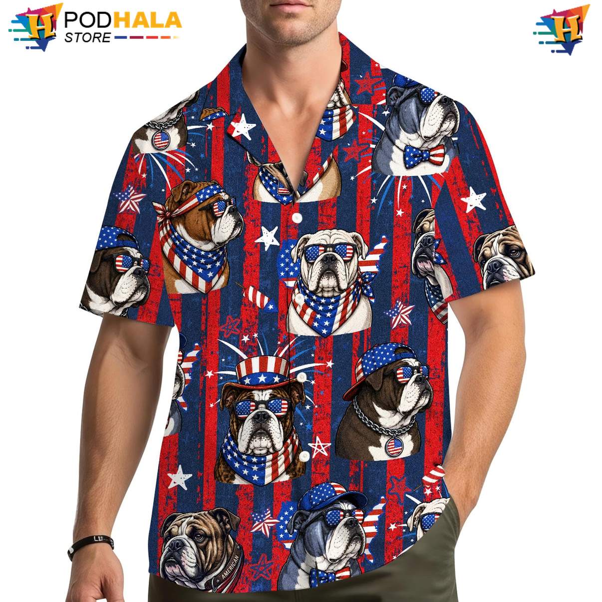 USA Bulldog Airplane Aloha Shirt Mens Patriotic Military Plane Beachwear
