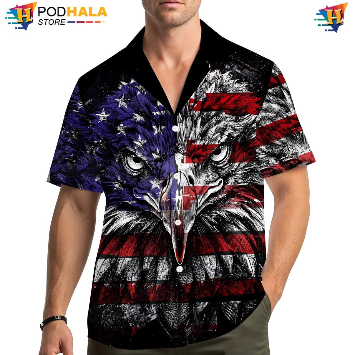 USA Eagle Airplane Hawaiian Shirt Mens Patriotic Military Plane Beach Top