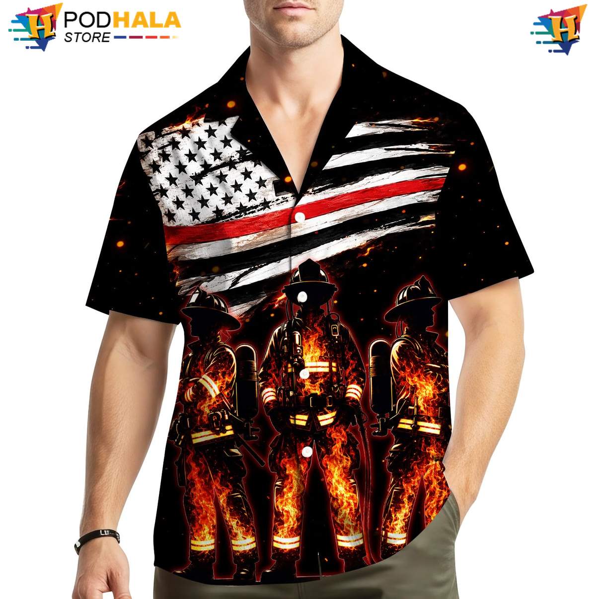 USA Firefighter Flag Aloha Shirt Mens Patriotic Fourth Of July Hero Outfit