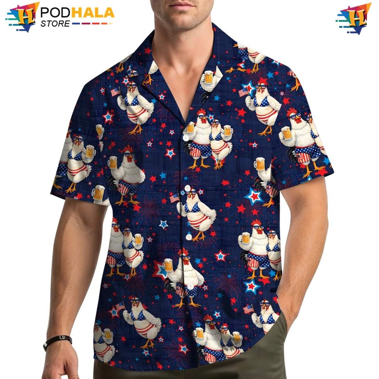 USA Flag Chicken Hawaiian Shirt Mens Patriotic Fourth Of July Beach Outfit