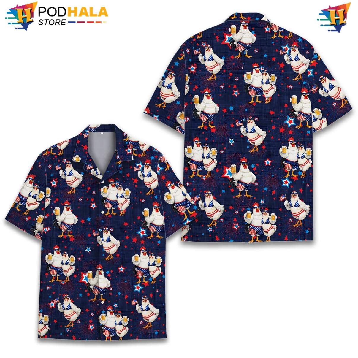 USA Flag Chicken Aloha Shirt Mens Patriotic Fourth Of July Beach Outfit USA Flag Chicken Aloha Shirt Mens Patriotic Fourth Of July Beach Outfit