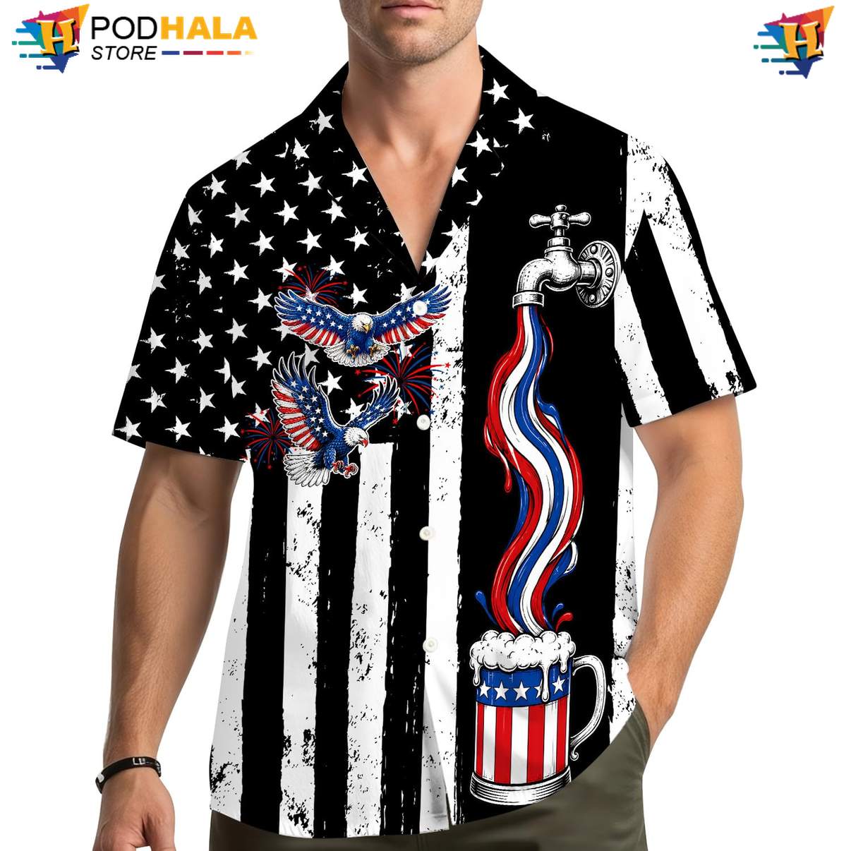 USA Flag Eagle Beer Hawaiian Shirt Mens Patriotic Fourth Of July Apparel