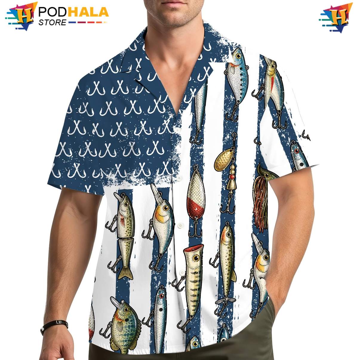 USA Flag Fishing Lures Hawaiian Shirt Mens Patriotic Fourth Of July Gear
