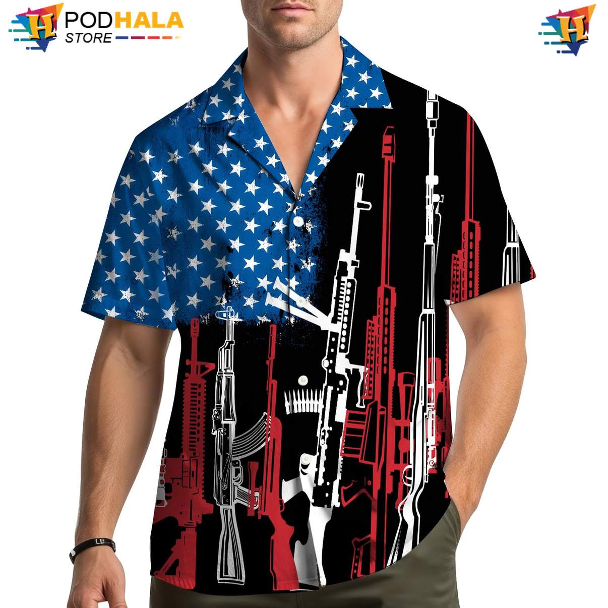 USA Flag Gun Patriotic Aloha Shirt Mens Fourth Of July Second Amendment