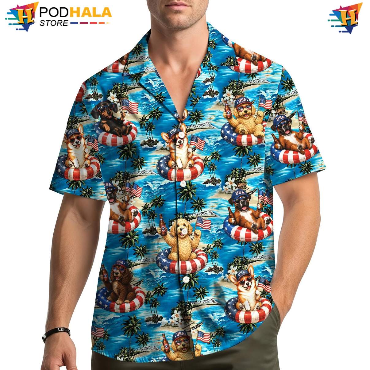 USA Flag Patriotic Dog Hawaiian Shirt Mens Fourth Of July Beachwear Top