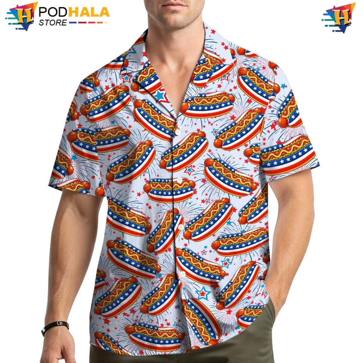 USA Flag Patriotic Hotdog Aloha Shirt Mens Fourth Of July Summer Cookout