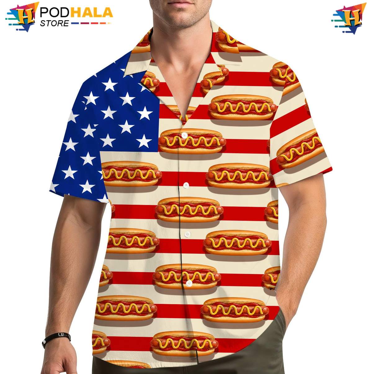 USA Hot Dog Airplane Aloha Shirt Mens Patriotic Military Plane Beachwear