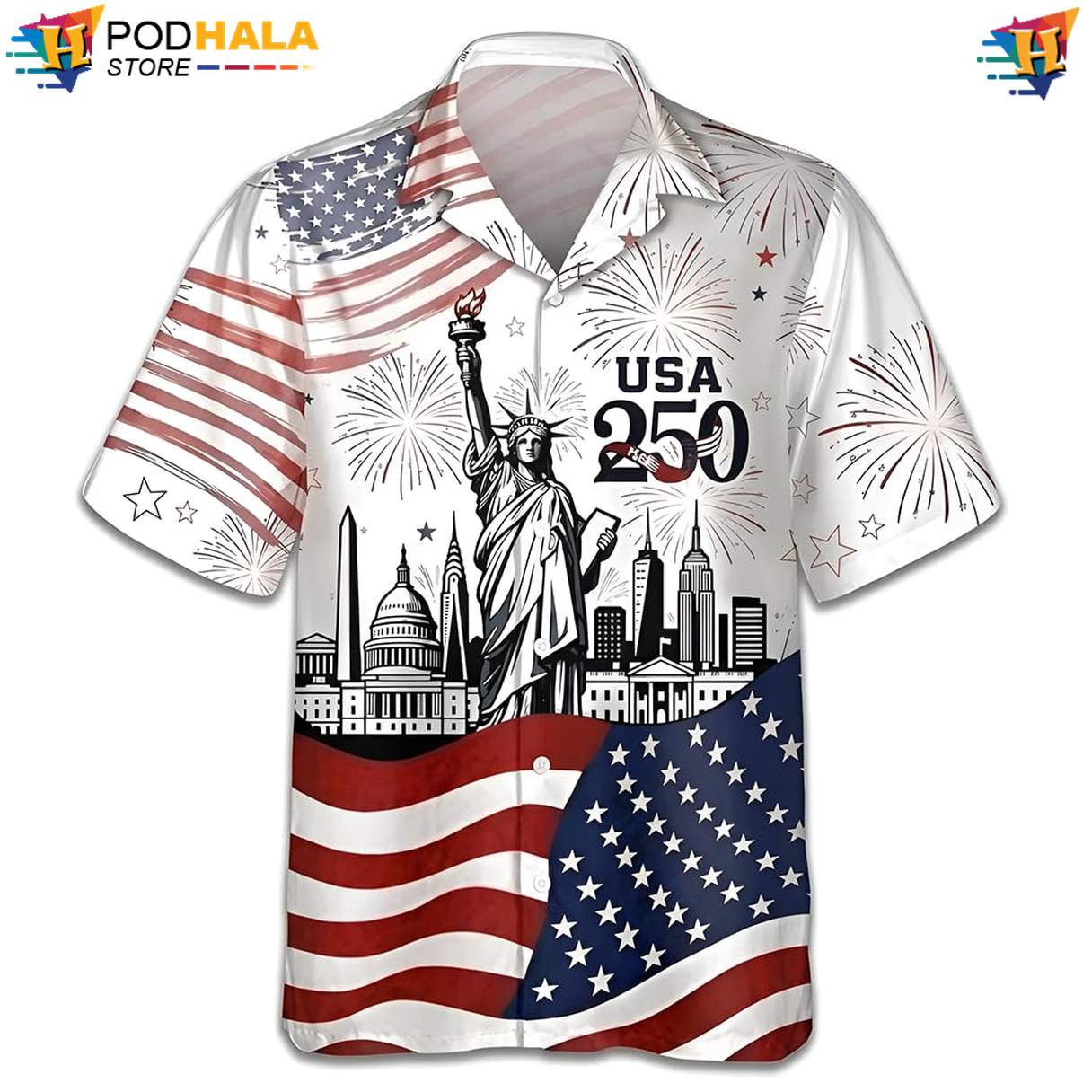 USA Patriotic Eagle Aloha Shirt 250th Anniversary Statue Liberty Freedom