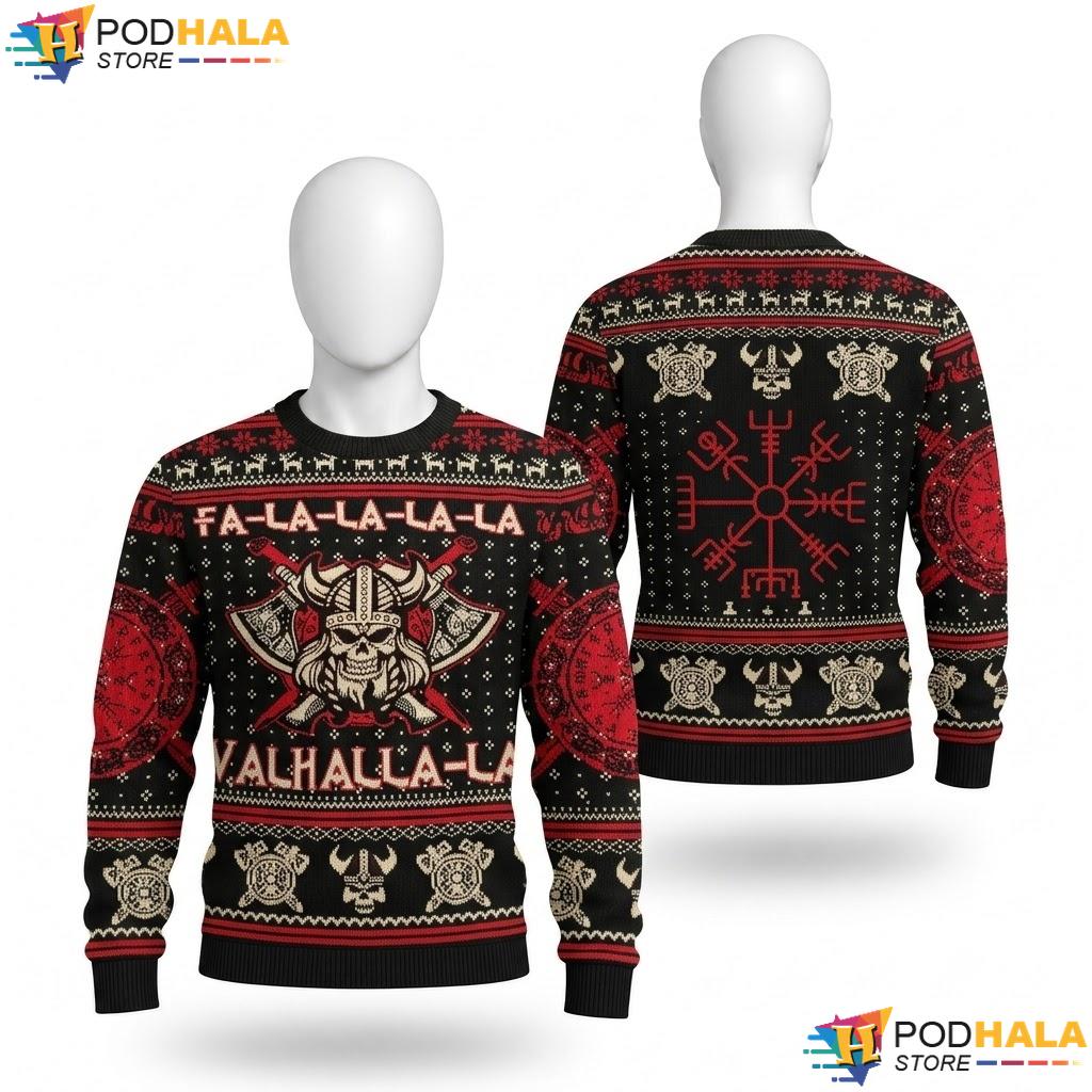 Valhalla Viking Skulls Ugly Xmas Sweater Red Funny Knit Holiday Outfit